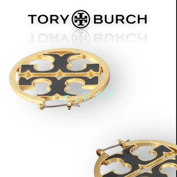 Beautiful Tory Burch Black and Gold Miller Hoop Earrings - Picture 3 of 7